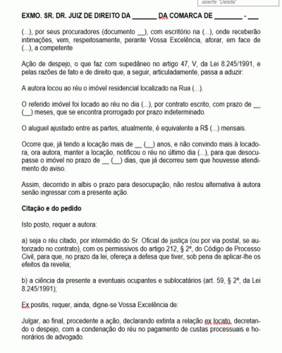 Modelo de Petição Despejo nas Locações Residenciais por Contrato Ininterrupto Denúncia Vazia - NOVO CPC