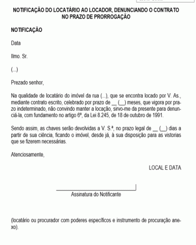 Modelo de Notificação do Locatário ao Locador, Denunciando o Contrato no Prazo de Prorrogação - NOVO CPC