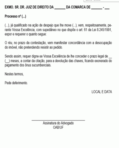 Modelo de Petição Reconhecimento da Procedência do Pedido para Obter o Benefício da Desocupação em 6 Meses - NOVO CPC