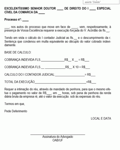 Modelo de Petição Intimação do Réu por Mandado de Penhora