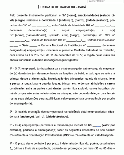 Modelo de Contrato de Trabalho - Babá - Baby sister - Serviços pessoais - Autônomo ou Profissional