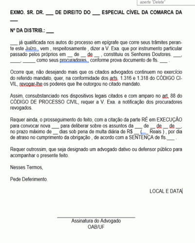 Modelo de Petição Revogação de Mandato Execução Requer Advogado Dativo