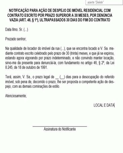 Modelo de Notificação para Ação de Despejo de Imóvel Residencial