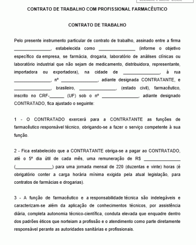 Modelo de Contrato de Trabalho com Profissional Farmacêutico - Serviço - Farmácia