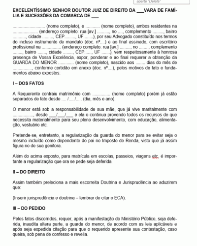 Modelo de Petição Ação de Regularização da Guarda do Menor