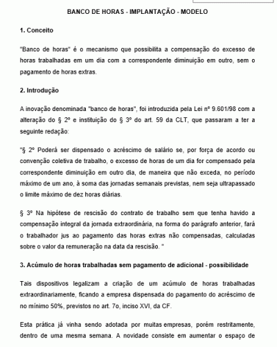 Modelo de Implantação de Banco de Horas - Hora trabalhada