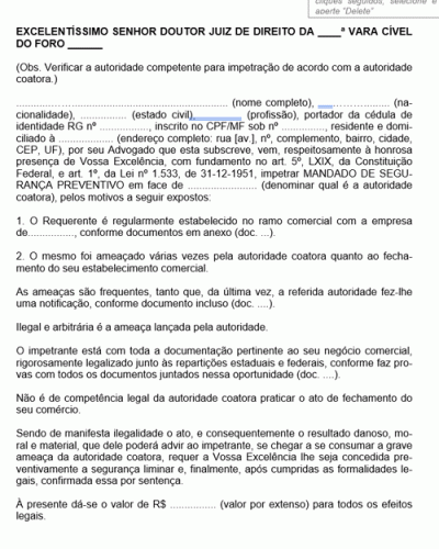 Modelo de Petição Mandado de Segurança Preventivo