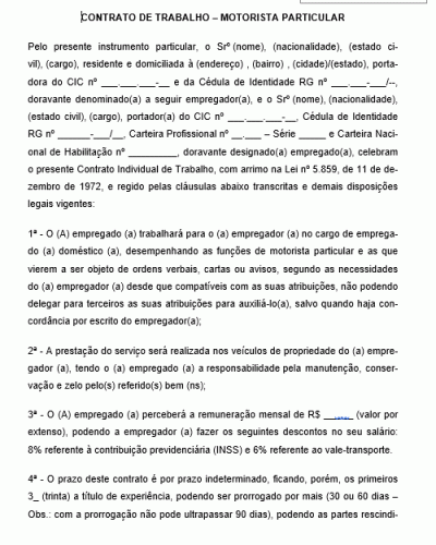 Modelo de Contrato de Trabalho - Motorista Particular - Serviço