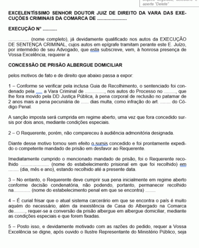 Modelo de Petição Pedido de Concessão de Prisão Albergue Domiciliar