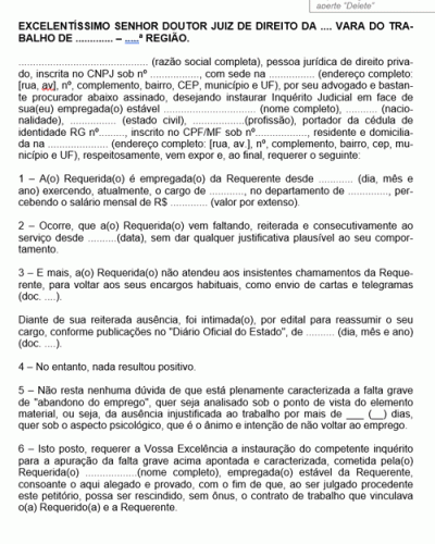 Modelo de Petição Abandono de Emprego Justa Causa