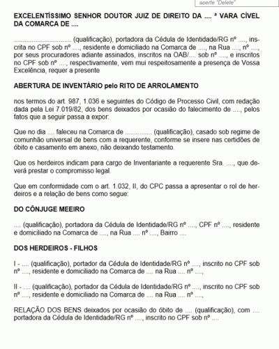 Modelo de Petição Abertura de Inventário pelo Rito de Arrolamento pela Viúva