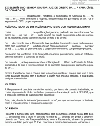 Modelo de Petição Ação Cautelar de Sustação de Protesto com Pedido de Liminar