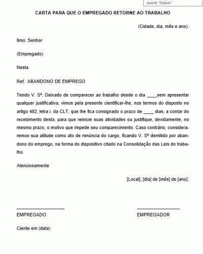 Modelo de Carta para que o Empregado Retorne ao Trabalho sob pena de Abandono de Emprego - Falta sem justificativa