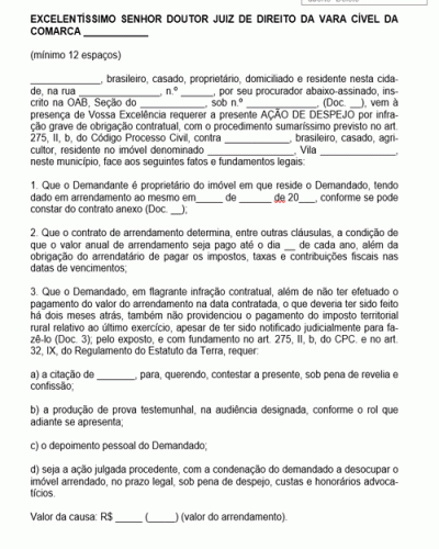 Modelo de Petição Ação de Despejo de Imóvel Rural - Arrendamento