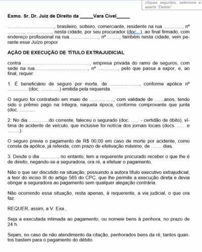 Modelo de Petição Ação de Execução de Título Extra Judicial Apólice de Seguro