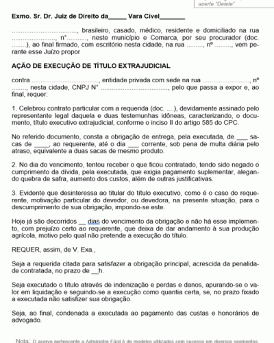 Modelo de Petição Ação de Execução de Título Extra Judicial Contrato Particular