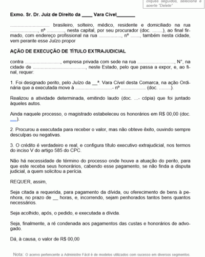 Modelo de Petição Ação de Execução de Título Extra Judicial Honorários do Perito