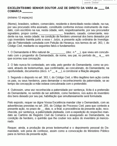 Modelo de Petição Ação de Investigação de Paternidade Cumulada com Petição de Herança