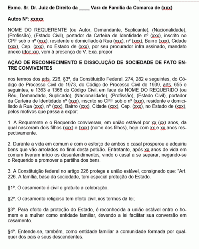 Modelo de Petição Ação de Reconhecimento e Dissolução de Sociedade de Fato entre Conviventes