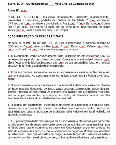 Modelo de Petição Ação de Reparação de Danos Morais Furto de Veículo em Estacionamento