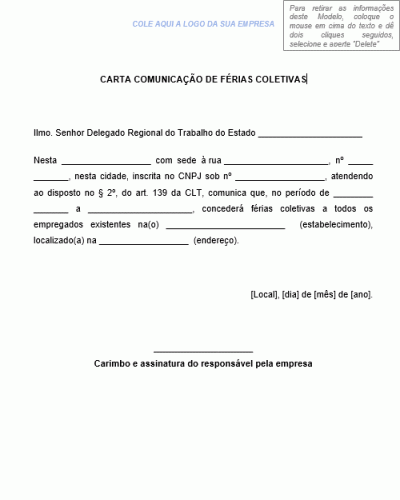 Modelo de Carta de Comunicação de Férias Coletivas - Autoridade Regional do Ministério do Trabalho