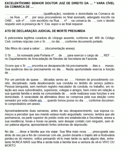 Modelo de Petição Ação Declaratória de Morte Presumida de Marido Desaparecido