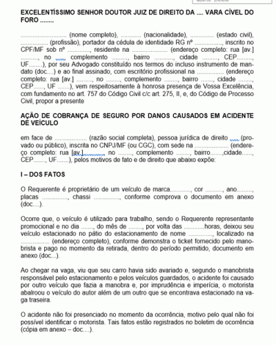 Modelo de Petição Ação de Cobrança de Seguro por Danos Causados em Acidente de Veículo