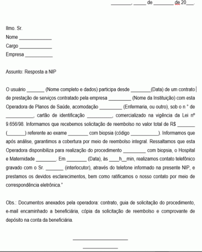 Modelo de Resposta a Notificação de Intermediação Preliminar NIP Modelo 1