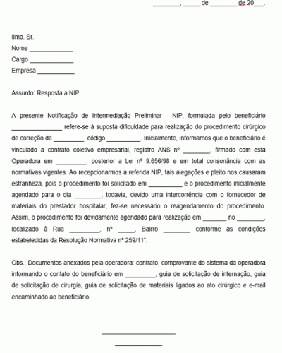 Modelo de Resposta a Notificação de Intermediação Preliminar NIP Modelo 2