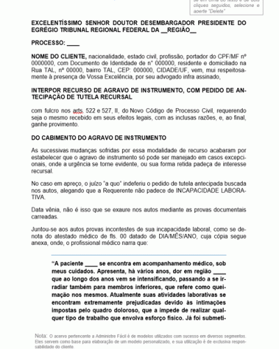 Modelo de Petição Ação Agravo de Instrumento com Pedido de Antecipação de Tutela Recursal