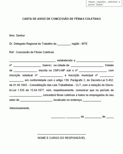 Modelo de Carta de Aviso à DRT (Delegacia Regional do Trabalho) Com Aviso de Concessão de Férias Coletivas aos Empregados