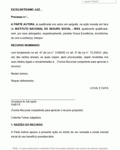 Modelo de Petição Recurso Inominado Desnecessidade de Prévio Requerimento Administrativo para Revisar o Beneficio