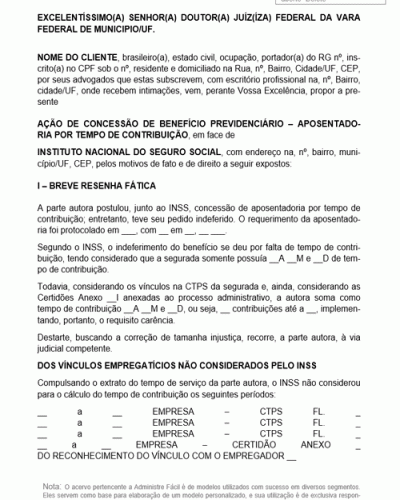 Modelo de Petição Aposentadoria por Tempo com Reconhecimento de Vinculos Empregaticios não Computados pelo INSS