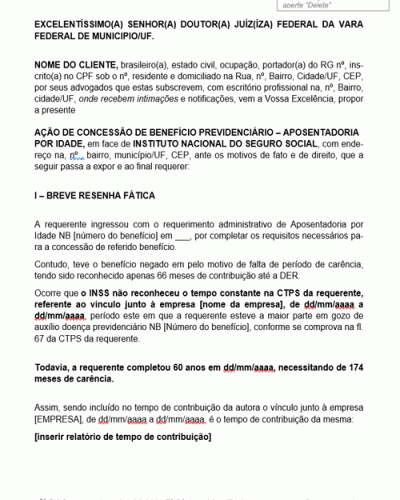 Modelo de Petição Aposentadoria por Idade Urbana com Averbação de Vinculo não Reconhecido pelo INSS