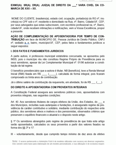 Modelo de Petição Complementação de Aposentadoria Servidor Público Municipal Aposentado pelo INSS