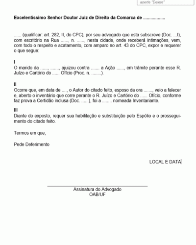 Modelo de Petição Substituição das Partes e dos Procuradores