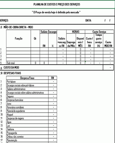 Modelo de Planilha de Formação de Preços Serviço Produto e seus Custos Despesas