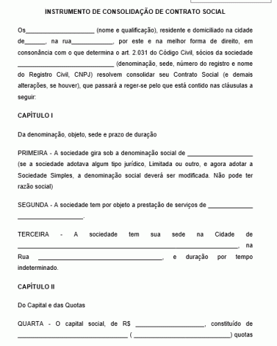 Modelo de Alteração Contratual com Consolidação de Contrato Social - Sociedade Civil