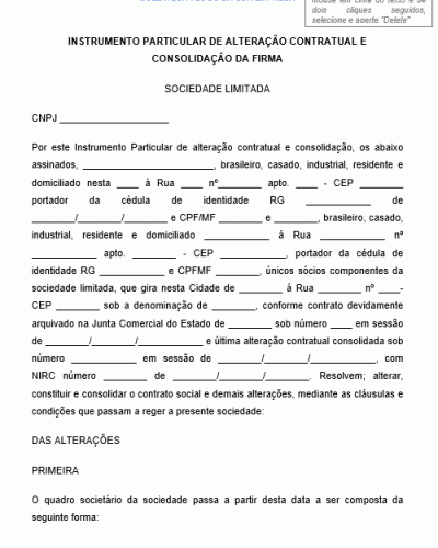 Modelo de Alteração Contratual com Consolidação de Contrato Social - Sociedade Limitada - Firma