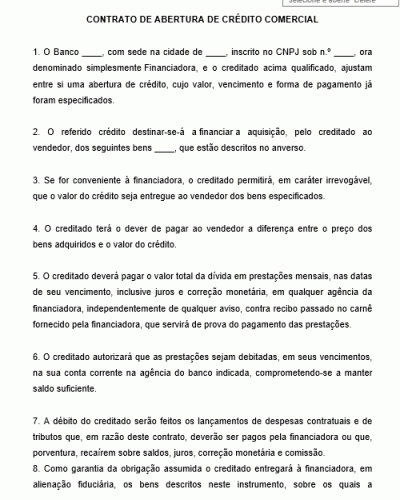 Modelo de Contrato de Abertura de Crédito Comercial - Banco