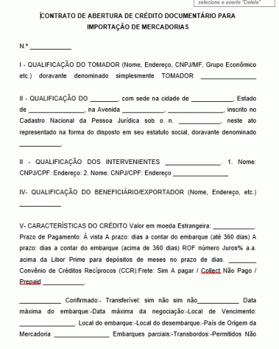 Modelo de Contrato de Abertura de Crédito Documentário para Importação de Mercadorias - Banco