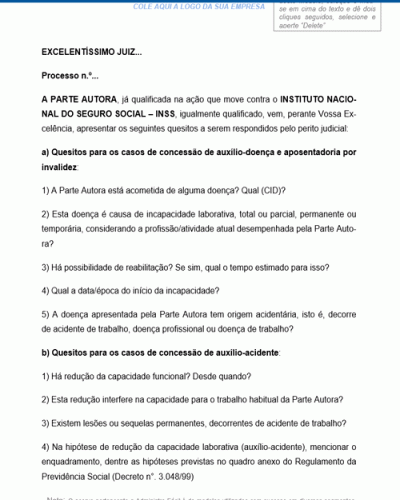 Modelo de Petição Apresentação de Quesitos para a Concessão de Benefício por Incapacidade