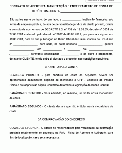 Modelo de Contrato Bancário de Abertura, Manutenção e Encerramento de Conta Corrente com Registro em Cartório de Títulos e Documentos