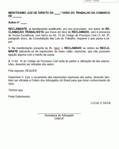 Modelo de Petição Pedido de Retirada dos Autos de Expressões Injuriosas no Processo Trabalhista