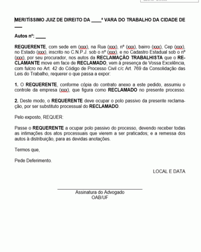 Modelo de Petição Pedido de Substituição de Parte no Processo Trabalhista