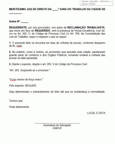 Modelo de Petição Pedido de Suspensão do Processo Trabalhista por Motivo de Força Maior