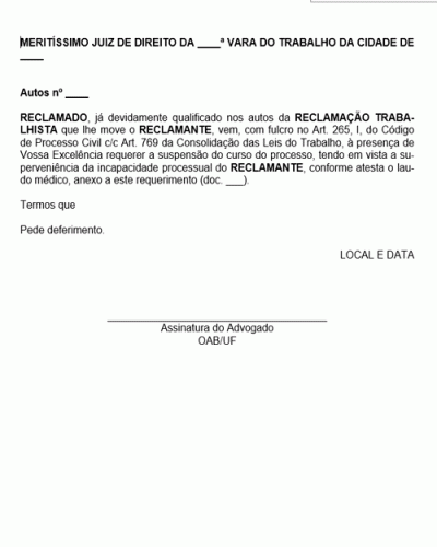 Modelo de Petição Pedido de Suspensão do Processo Trabalhista por Perda da Capacidade Processual do Autor