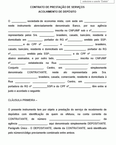 Modelo de Contrato de Prestação de Serviços Acolhimento de Depósito - Banco