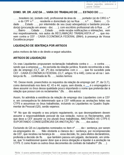 Modelo de Petição Pedido de Liquidação de Sentença por Artigos em Face da Ocorrência de Sucessão Trabalhista