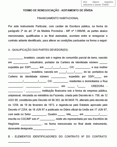 Modelo de Termo de Renegociação - Aditamento de Dívida – Financiamento Habitacional